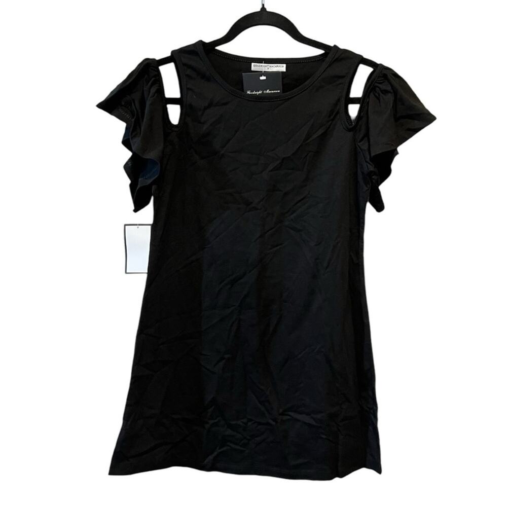 Goodnight Macaroon NWT Cold Shoulder Ruffle Sleeve T shirt Dress black Small